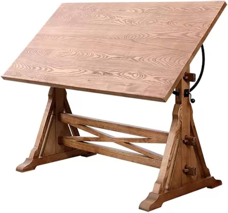 Rustic Wood Drafting Table featuring Trestle Base and X-Cross Brace