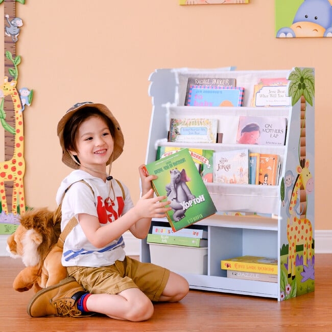 Safari Nursery Bookshelf with Playful Giraffe Graphics and Slings