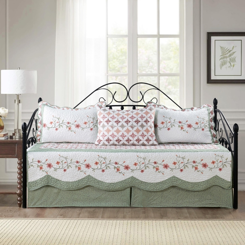 Sage Green Daybed Quilt Set Floral Embroidered Scalloped Hem