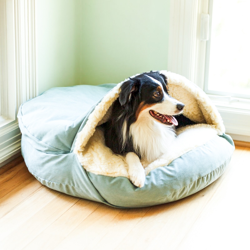 Sage Green Hooded Dog Cave Bed with Plush Faux Shearling Interior