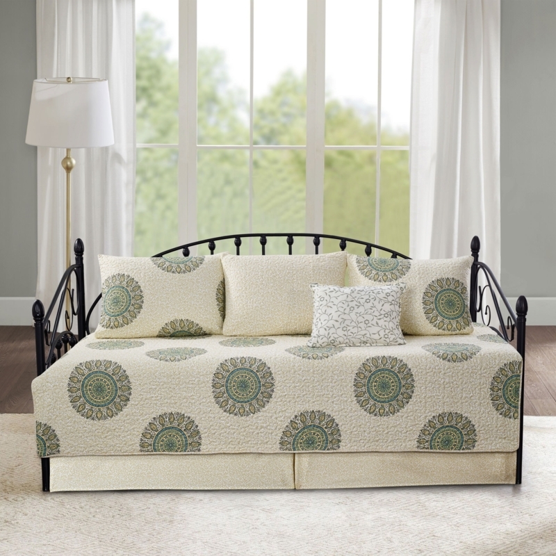 Sage Green Medallion Bedding Mandala Print Arched Metal Daybed
