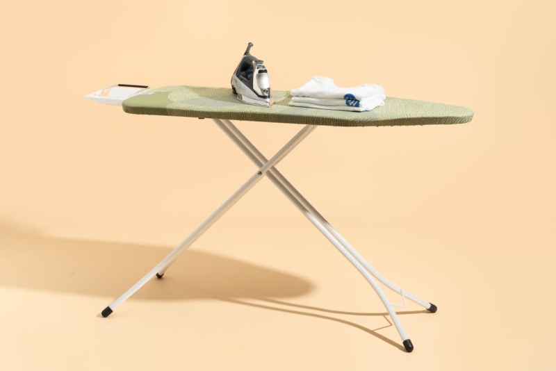 Sage Green Patterned Ironing Board with White X-Frame Legs