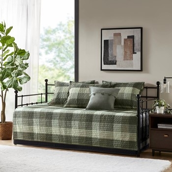 Sage Green Plaid Daybed Modern Farmhouse Quilted Tassel Trim