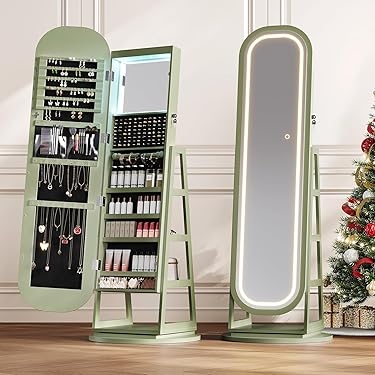 Sage Green Swivel Jewelry Armoire with Oval LED Lit Mirror