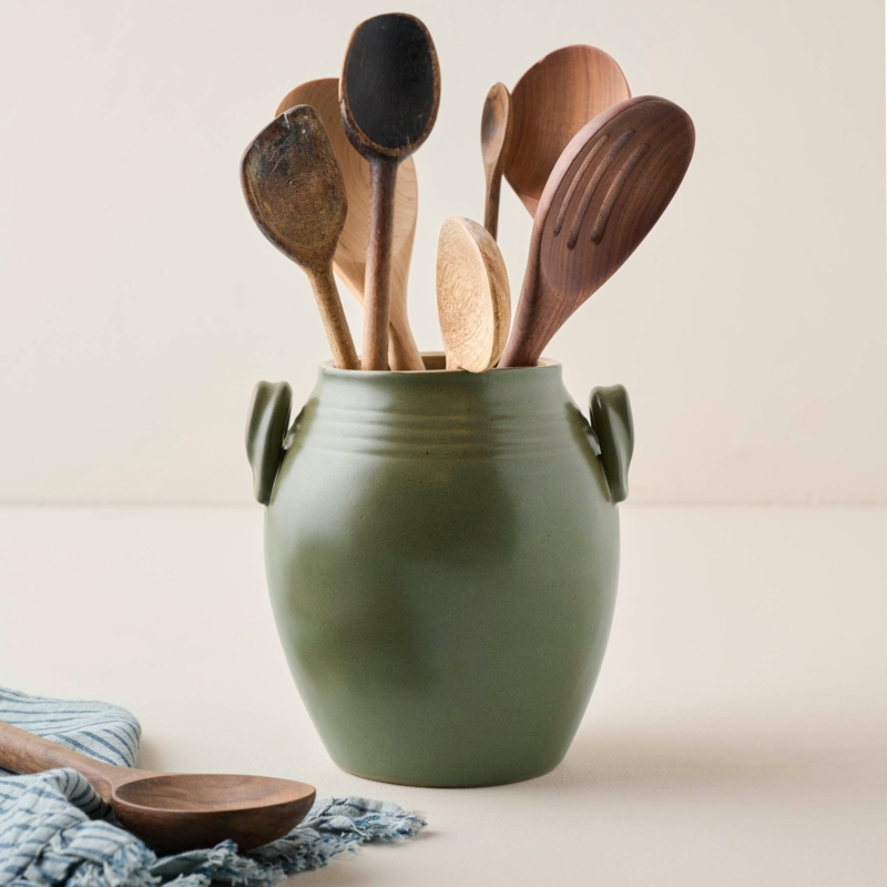 Sage Green Utensil Crock, Matte Finish with Small Loop Handles