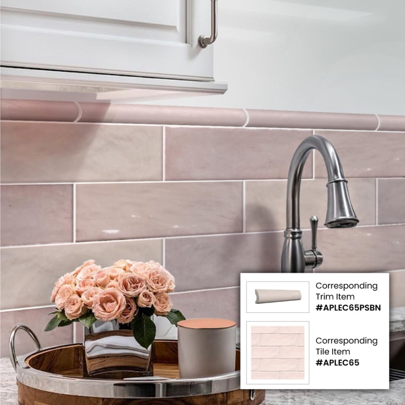 Satin Dusty Rose Subway Tile Backsplash with Pencil Bullnose Trim