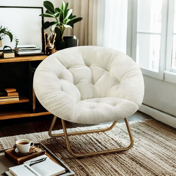 Saucer Chair with gold folding base, plush fur. Gold frame reading chair.