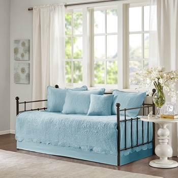 Scalloped Daybed Cover Set Sky Blue Quilted Cottage Core Styling