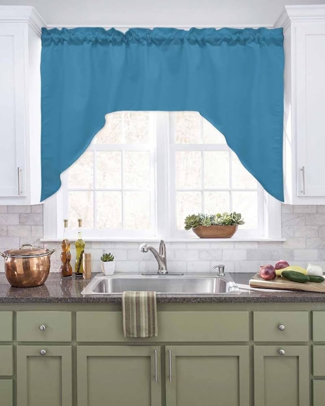 Scalloped Valance, Medium Blue Fabric with Rod Pocket Header