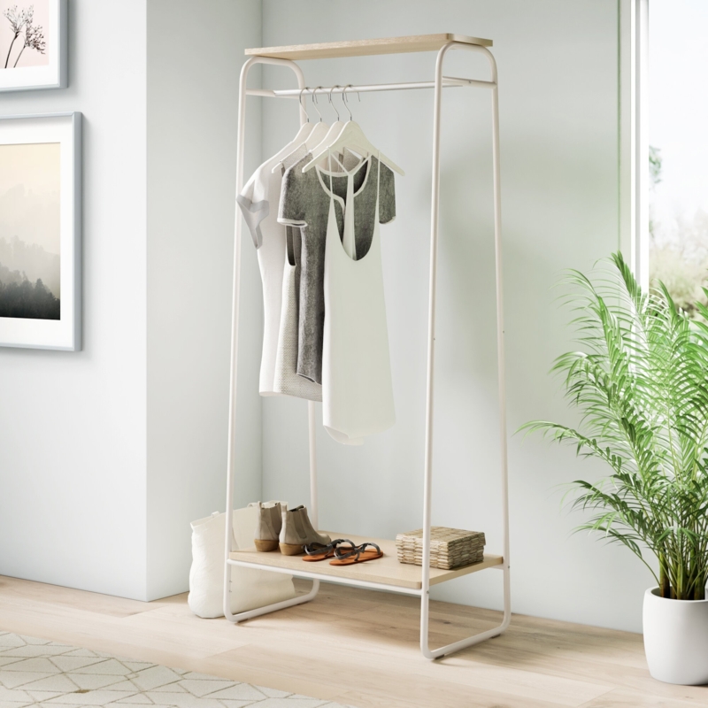 Scandi Clothes Rack White Metal Frame with Integrated Top Shelf