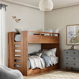 Scandinavian Bunk Bed Warm Wood Integrated Ladder Cutouts