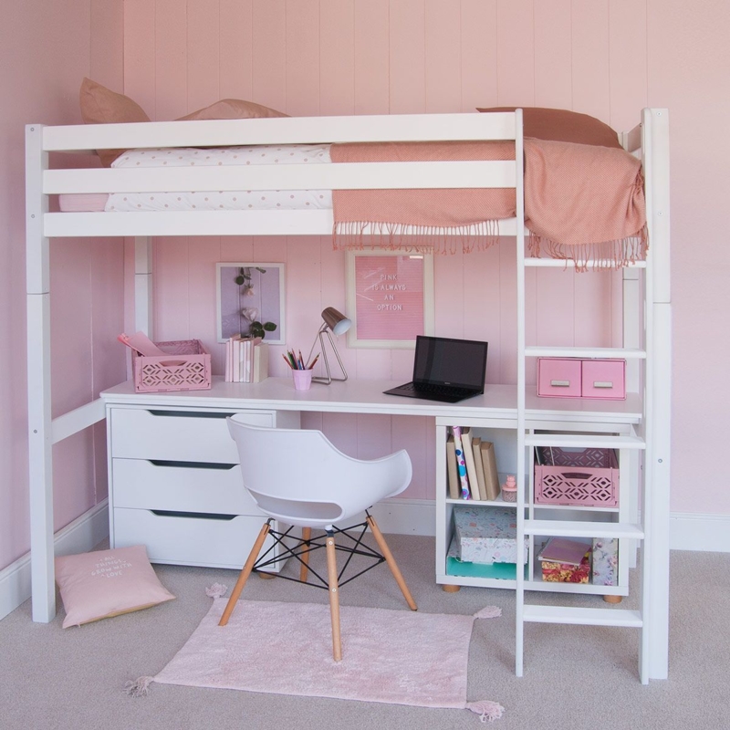 Scandinavian White Loft Bed with Integrated Desk and Storage Drawers