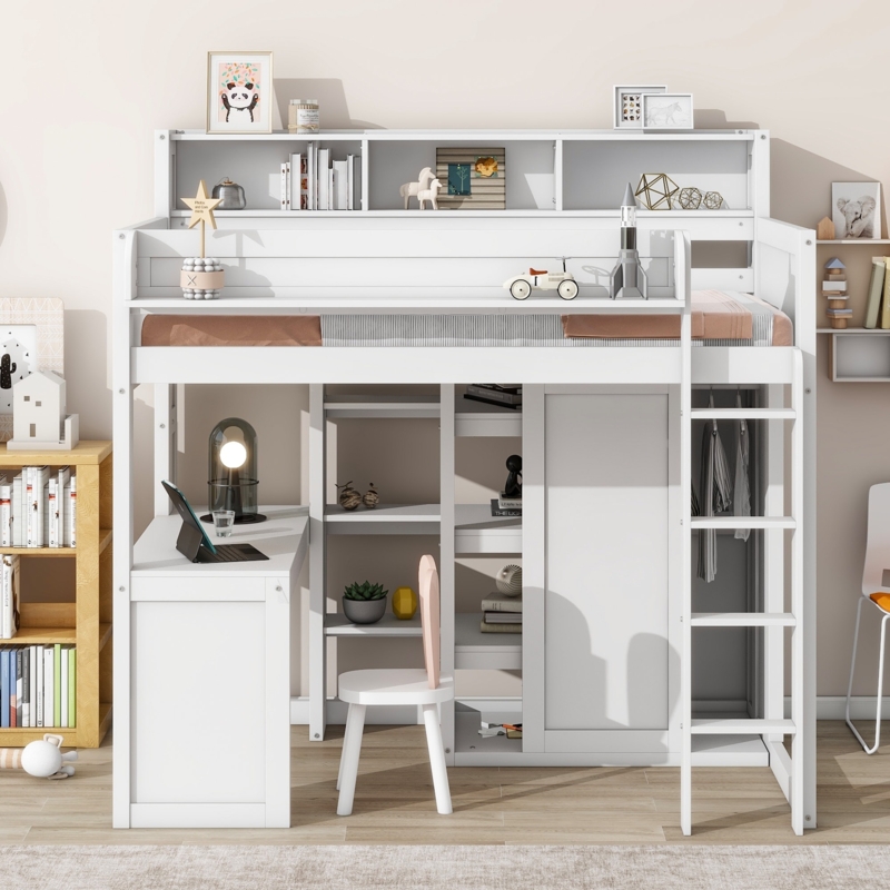 Scandinavian White Loft Bed with Sliding Wardrobe Door and Desk