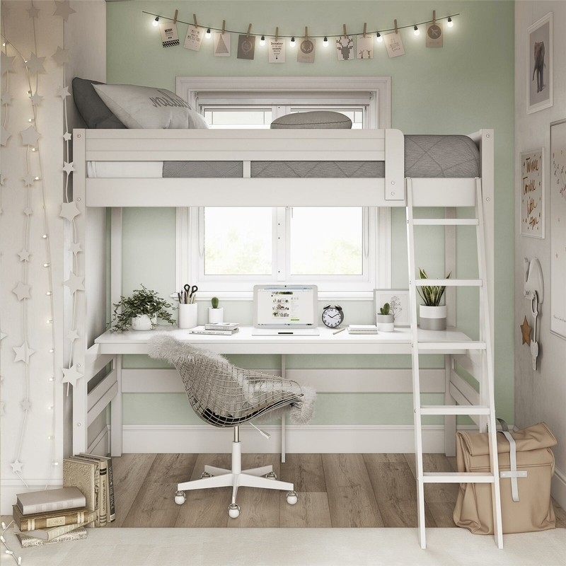 Scandinavian White Twin Loft Bed with Integrated Full-Width Desk