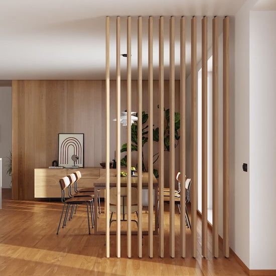 Scandinavian Wood Slat Divider for Open Concept Dining Zones