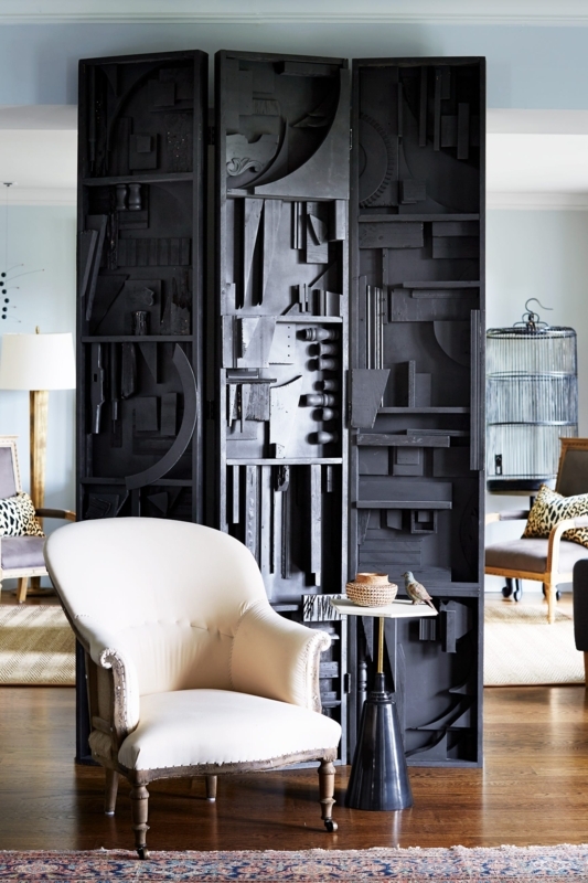 Sculptural Black Room Divider with 3D Relief Art Panels
