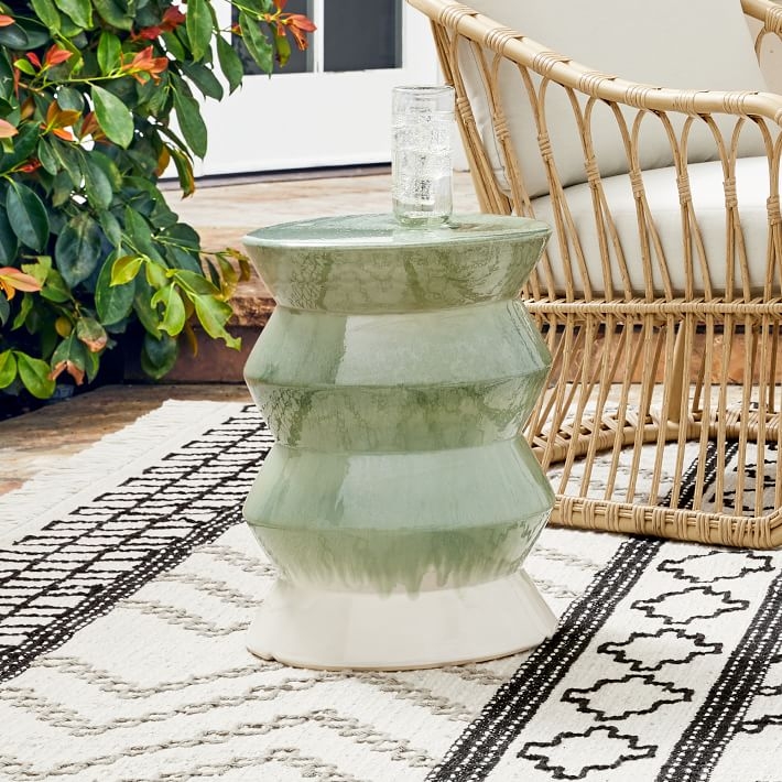 Sculptural Side Table Tiered Design Sage Green Glaze Reactive Drip