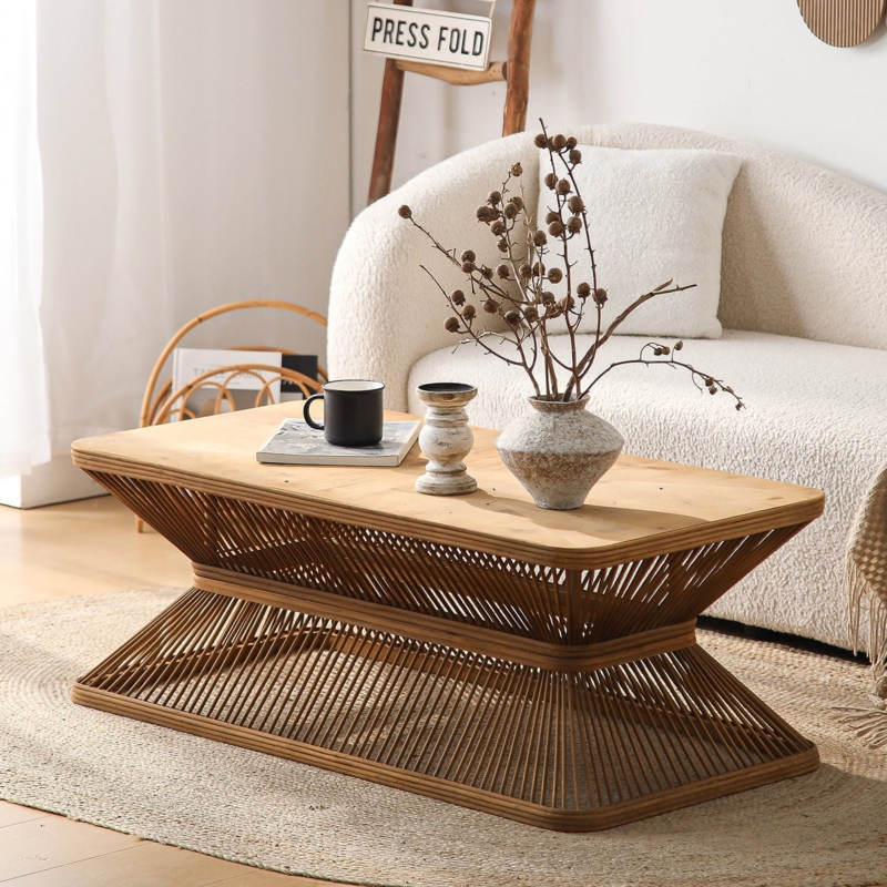 Sculptural Slatted Wood Coffee Table Hourglass Base
