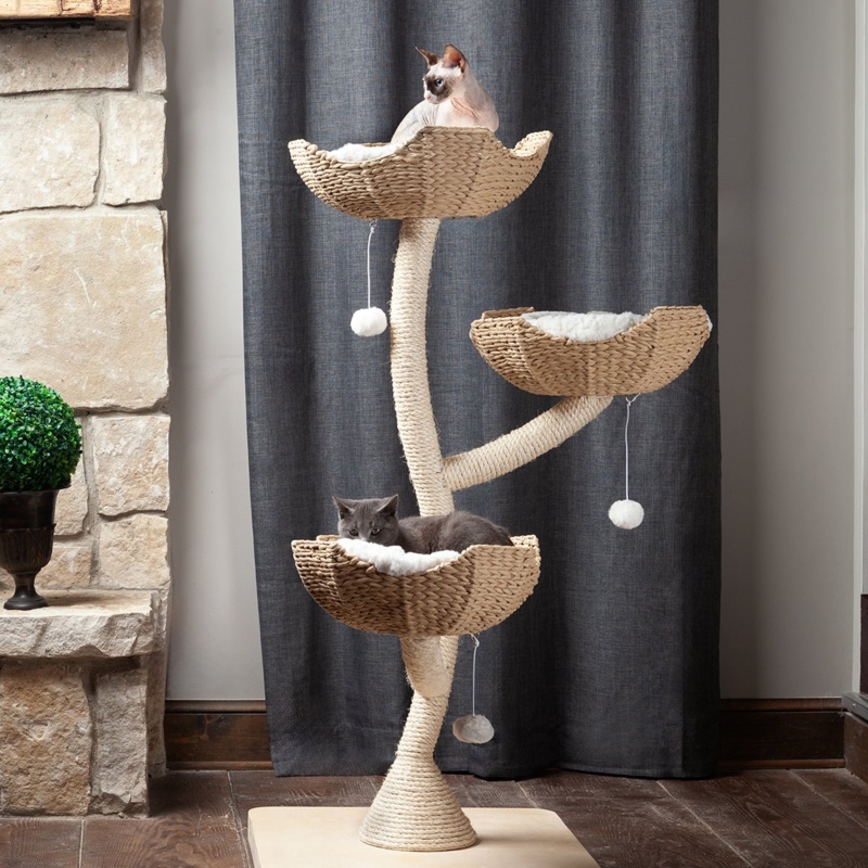 Sculptural Three Tier Cat Tree with Woven Fiber Baskets