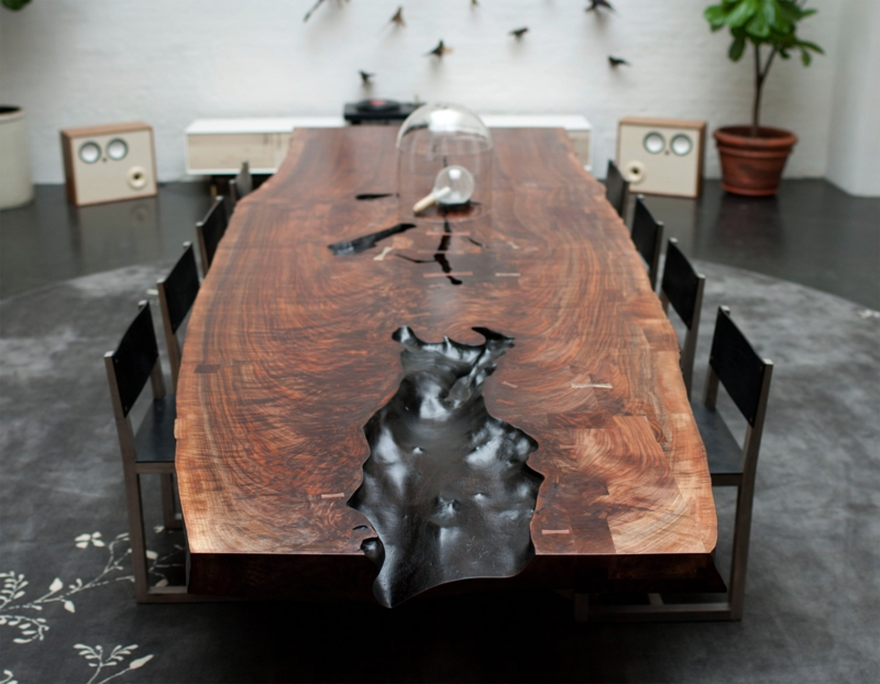 Sculptural Wood Dining Table with Live Edge Slab and Organic Inlay