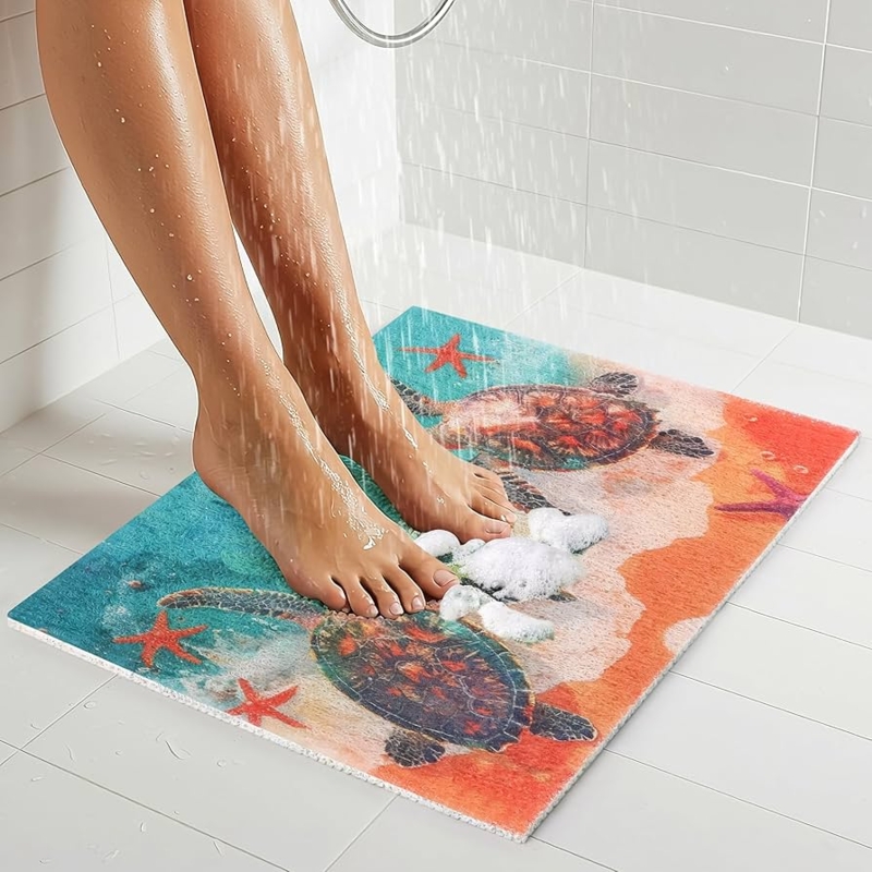 Sea Turtle Shower Mat, Colorful Coastal Loofah Texture