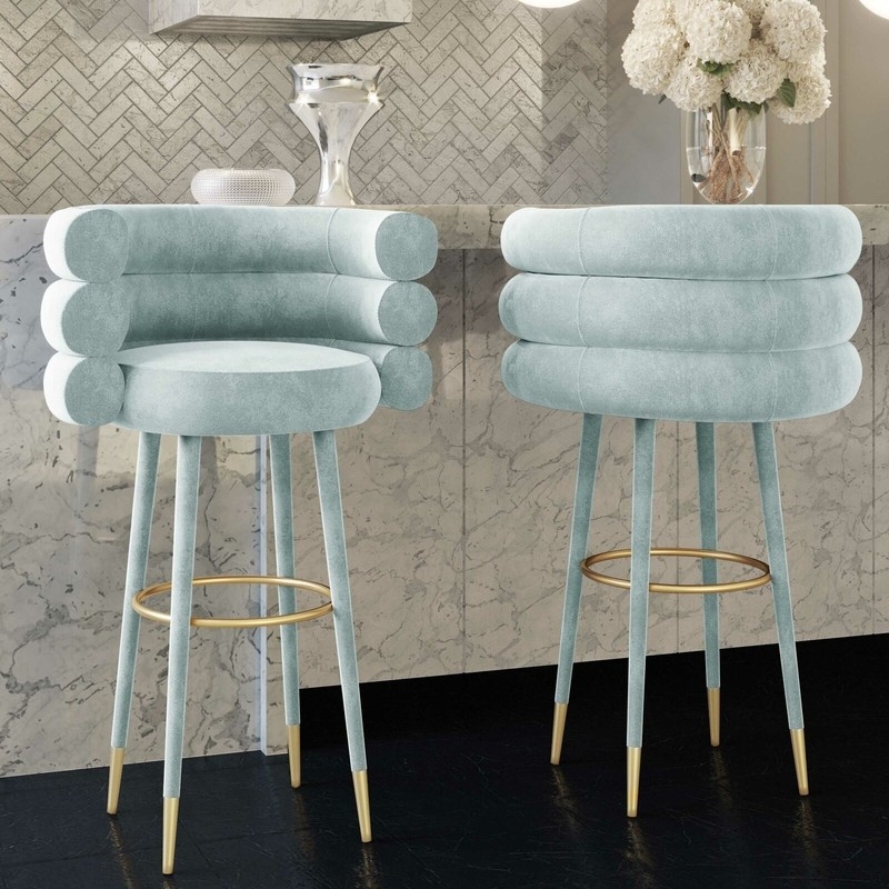Seafoam Velvet Bar Stool with Triple Tiered Backrest and Gold Caps