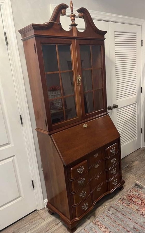 Secretary Desk with Broken Pediment Top and Brass Batwing Pulls