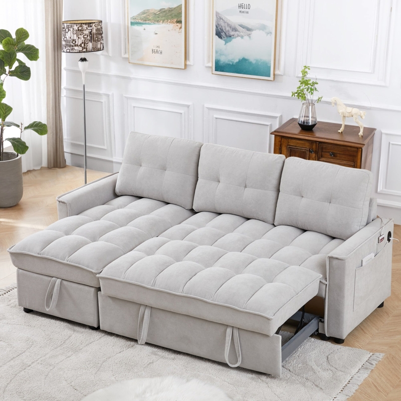 Sectional Sleeper Sofa featuring Fabric Handles and Tufted Seat