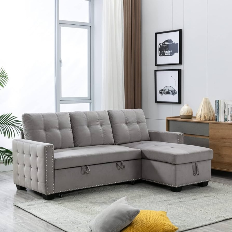 Sectional Sleeper Sofa featuring Velvet-Like Fabric and Nailhead Trim
