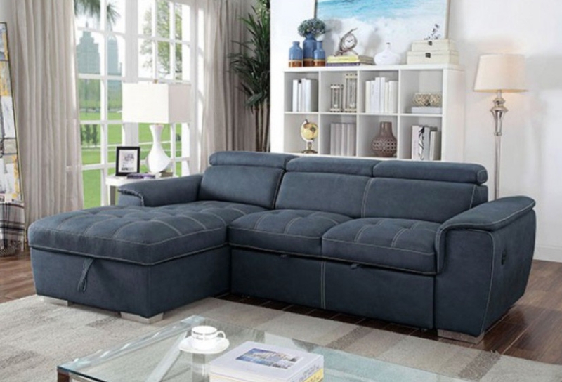 Sectional Sofa Bed in Slate Blue with Contrast Stitching