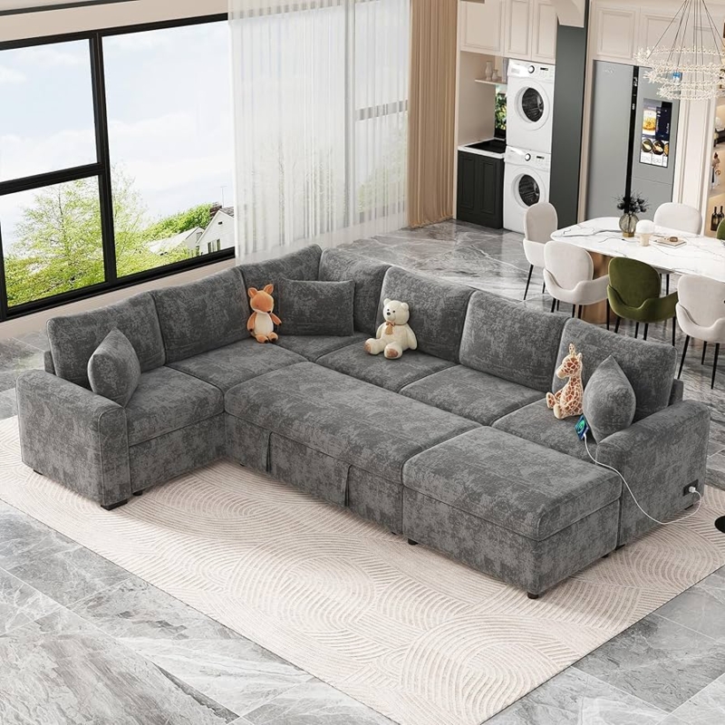 Sectional Sofa Bed with Plush Chenille Texture