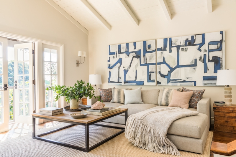 Sectional Sofa Exposed White Beams Fringed Textured Throw Coastal