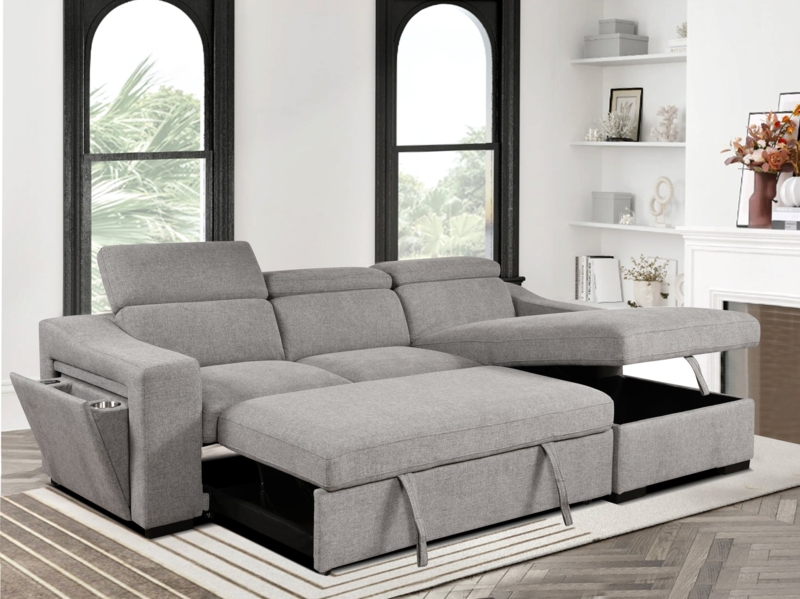 Sectional Sofa featuring Adjustable Headrests and Pull-Out Bed