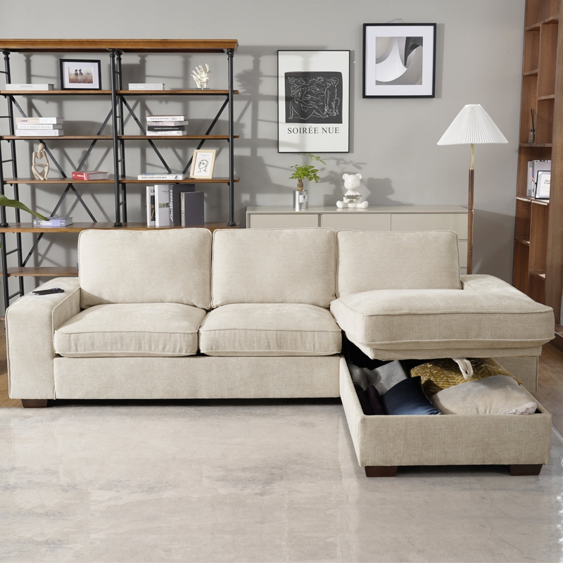 Sectional Sofa in Textured Beige Fabric with Storage Chaise