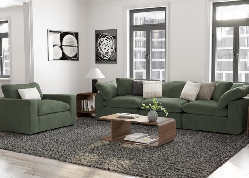 Sectional Sofa: Olive Green Upholstery with Oversized Plush Seating & Chunky Texture