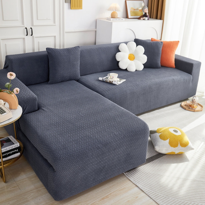 Sectional Sofa Slipcover Waffle Knit Texture Charcoal Grey Stretch