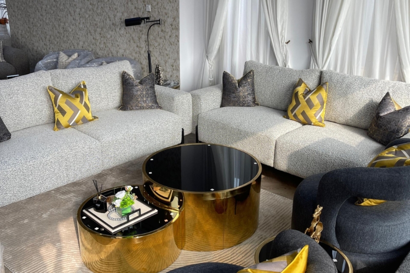 Sectional Sofa: Textured Bouclé Fabric with Nested Gold Coffee Tables