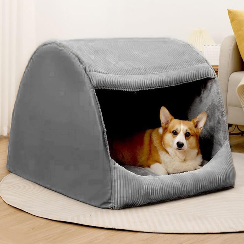 Semi-Enclosed Dog Tent Bed in Charcoal Flannel with Corduroy Trim