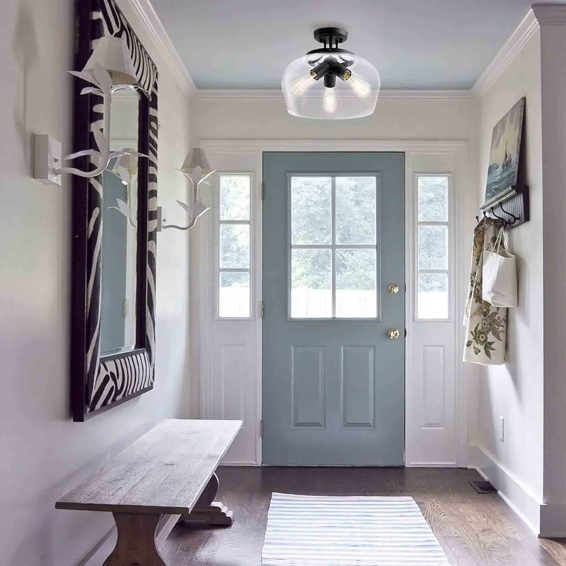 Semi Flush Mount Glass Bowl Matte Black Dusty Blue Accents Foyer