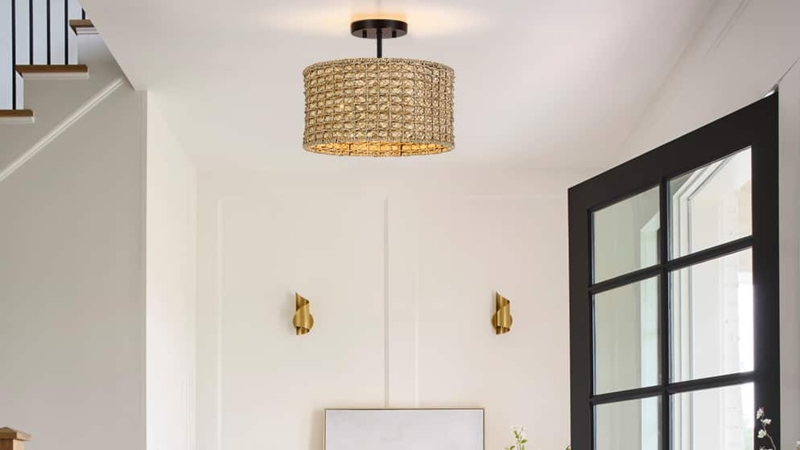 Semi Flush Mount Woven Drum Shade Matte Black Gold Tone Foyer