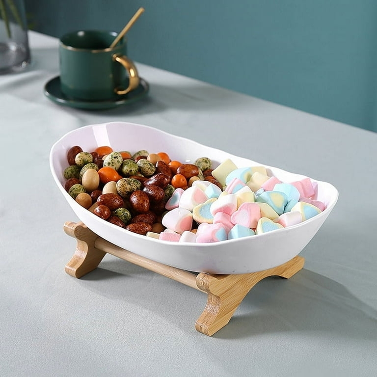 Serving Bowl Oval Shape Trestle Stand Curved Feet Glossy White Scandinavian