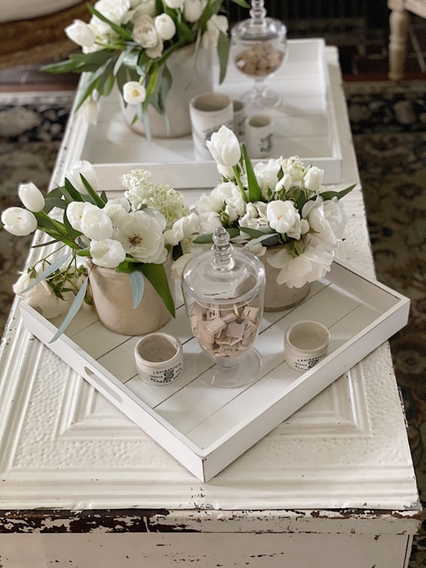 Serving Tray Distressed Antique White Slat Bottom Farmhouse Styling