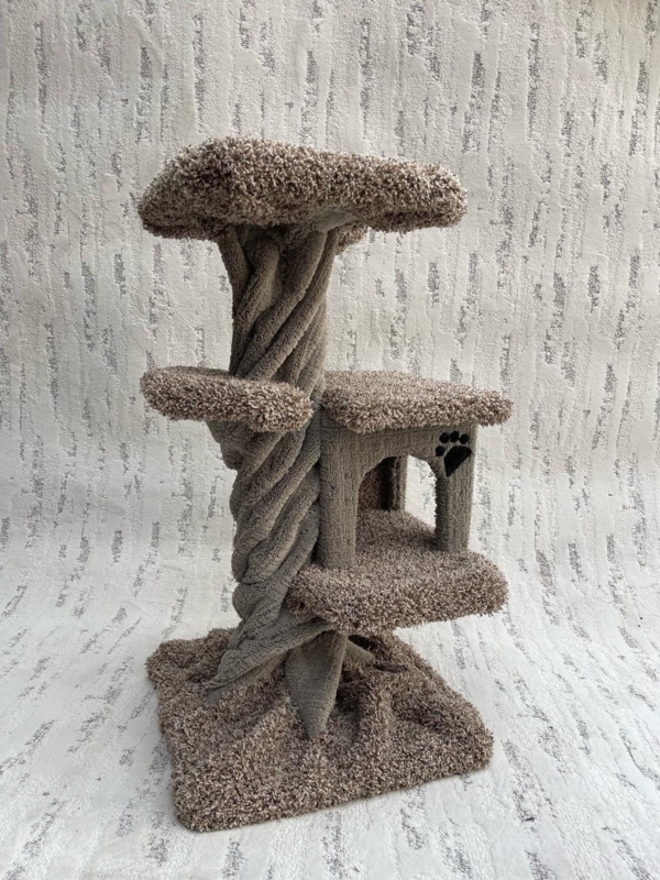 Shaggy Greige Cat Tree featuring Unique Twisted Trunk