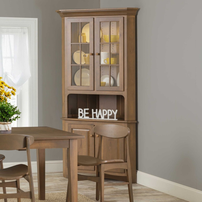 Shaker Corner Hutch featuring Glass Mullion Doors and Warm Brown Finish