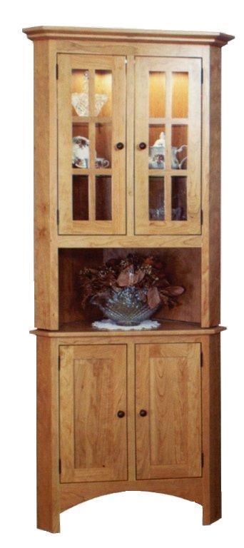 Shaker Corner Hutch with Six-Pane Glass Doors and Warm Wood Tone