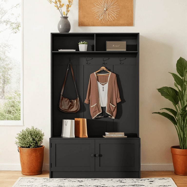 Shaker Style Hall Tree in Matte Black with Top Cubbies and Hooks