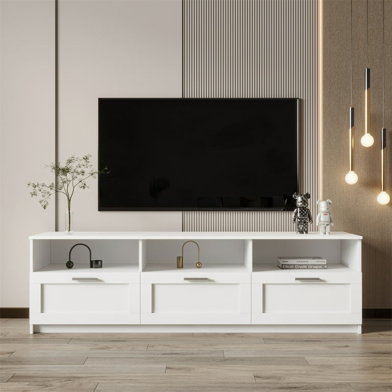 Shaker Style TV Cabinet: Matte Finish, Three Drawers, Low Profile Base.