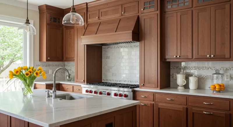 Shaker Wood Cabinetry with Custom Wood Range Hood & Red Knobs
