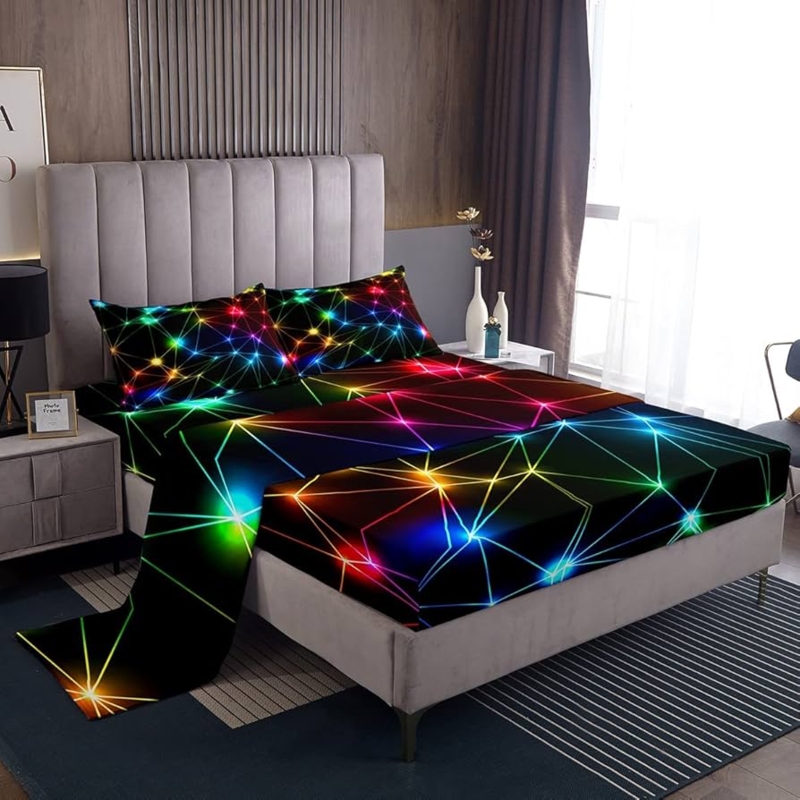 Sheet Set Neon Geometric Print Black Base Rainbow Grid Sheets