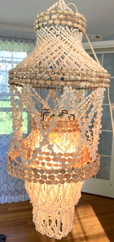 Shell Chandelier featuring Woven Lattice of Cowrie and Puka Shells